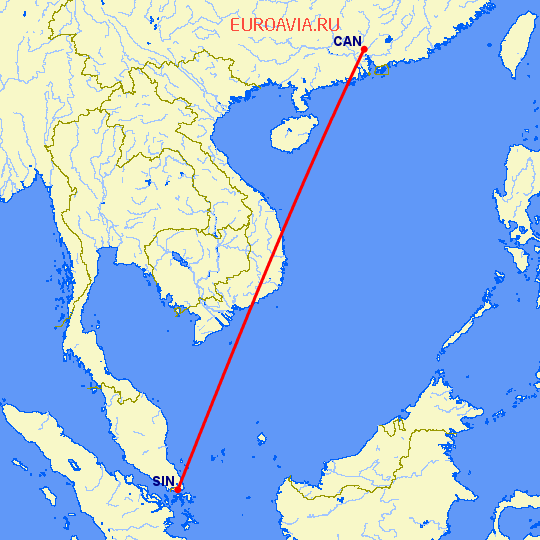 перелет Сингапур — Гуанчжоу на карте