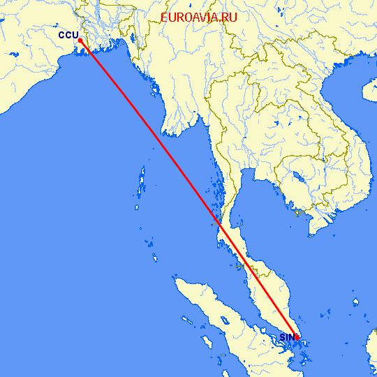 перелет Сингапур — Калькутта на карте