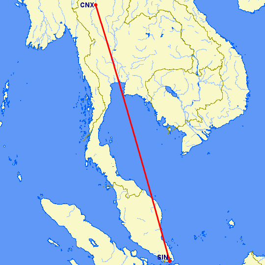 перелет Сингапур — Чианг Май на карте