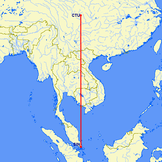 перелет Сингапур — Ченгду на карте