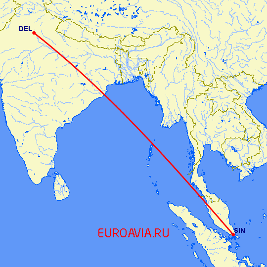 перелет Сингапур — Нью Дели на карте
