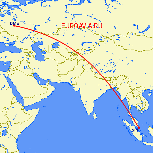 перелет Сингапур — Москва на карте