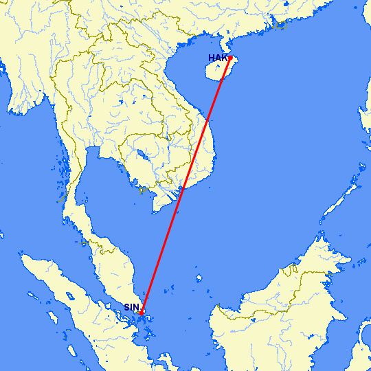 перелет Сингапур — Хайкоу на карте