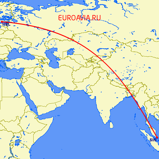 перелет Сингапур — Хельсинки на карте