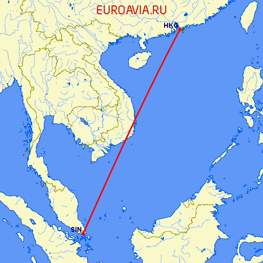перелет Сингапур — Гонконг на карте
