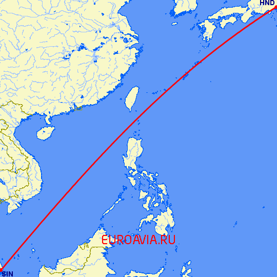 перелет Сингапур — Токио на карте