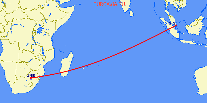 перелет Сингапур — Йоханнесбург на карте