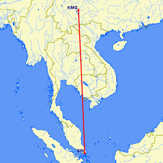 перелет Сингапур — Кунминг на карте