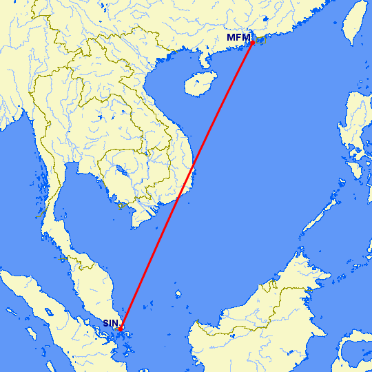 перелет Сингапур — Макао на карте