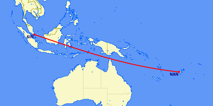 перелет Сингапур — Нади на карте