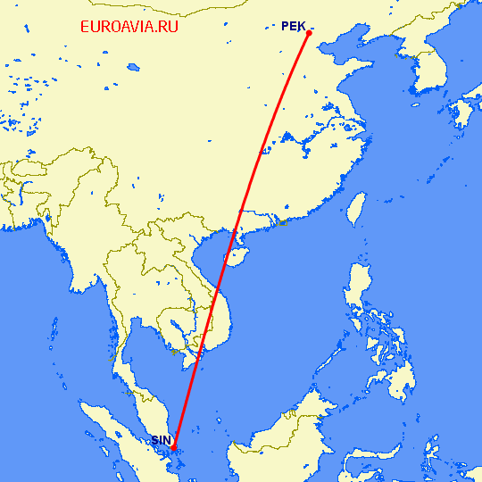 перелет Сингапур — Пекин на карте
