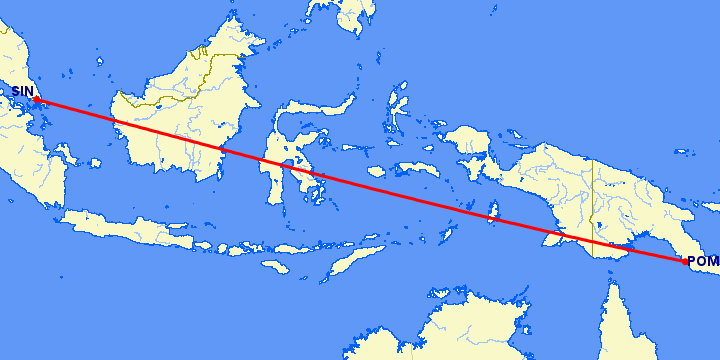 перелет Сингапур — Порт Морсби на карте