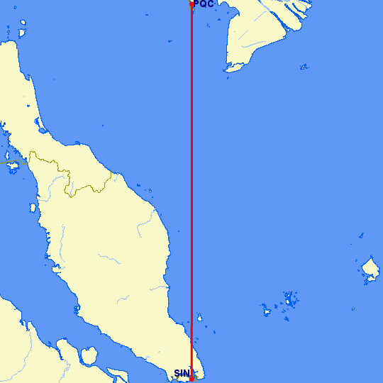 перелет Сингапур — Пху Квок на карте