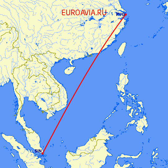 перелет Сингапур — Шанхай на карте