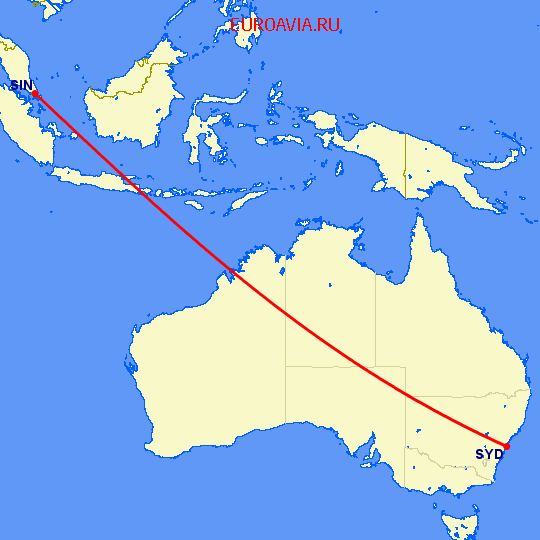 перелет Сингапур — Сидней на карте