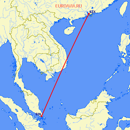 перелет Сингапур — Шэньчжэнь на карте