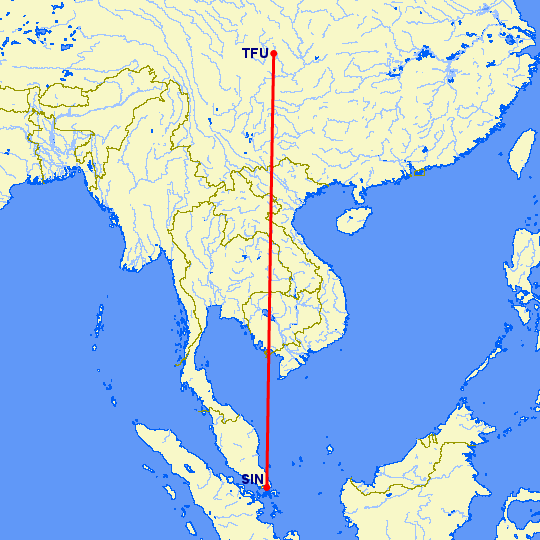 перелет Сингапур — Чэнду Тяньфу на карте