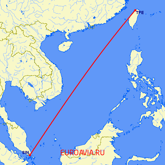 перелет Сингапур — Тайбэй на карте