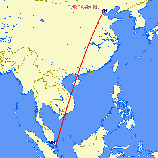 перелет Сингапур — Тяньцзинь на карте