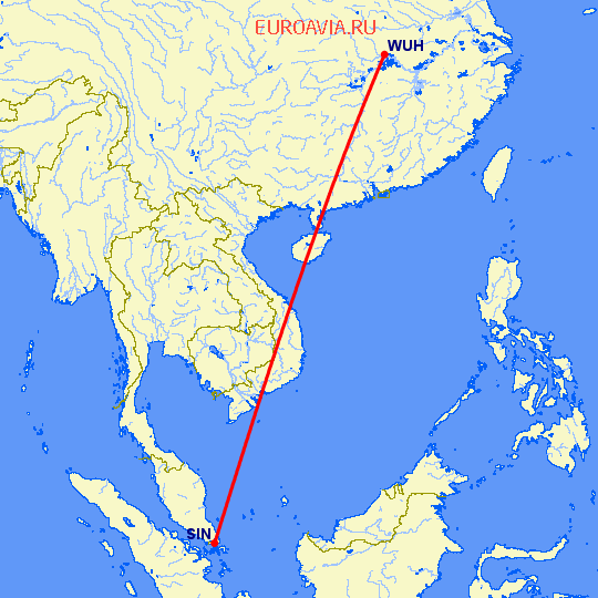 перелет Сингапур — Вухан на карте