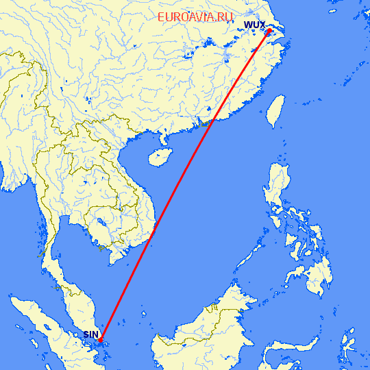 перелет Сингапур — Вуси на карте