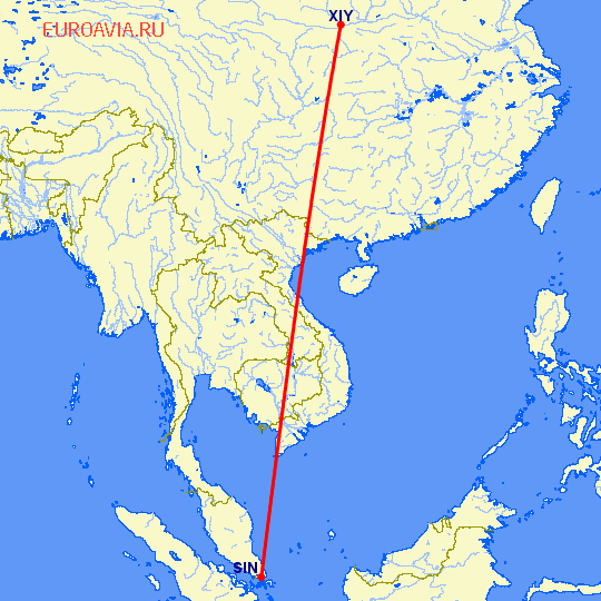 перелет Сингапур — Синьян на карте