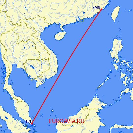 перелет Сингапур — Сямэнь на карте