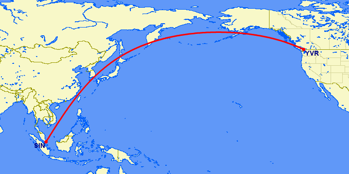 перелет Сингапур — Ванкувер на карте