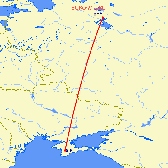 перелет Симферополь — Череповец на карте