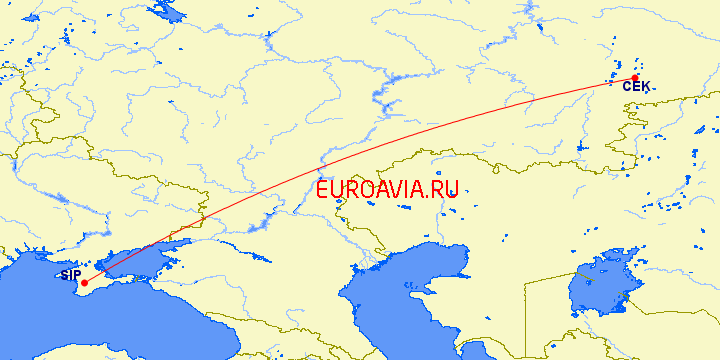 перелет Симферополь — Челябинск на карте