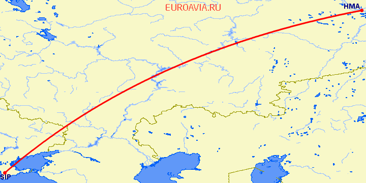 перелет Симферополь — Ханты Мансийск на карте