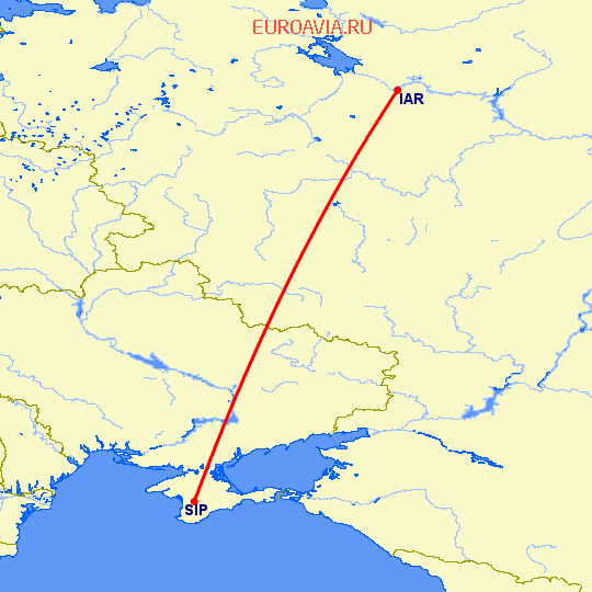 перелет Симферополь — Ярославль на карте