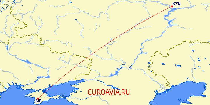 перелет Симферополь — Казань на карте