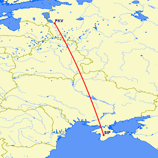 перелет Симферополь — Псков на карте