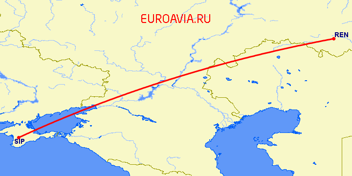 перелет Симферополь — Оренбург на карте