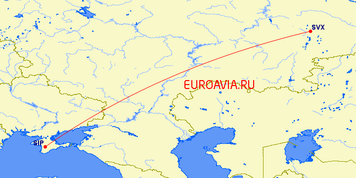 перелет Симферополь — Екатеринбург на карте