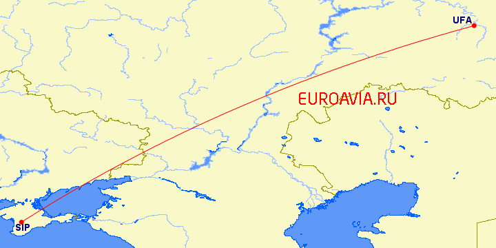 перелет Симферополь — Уфа на карте