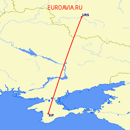 перелет Симферополь — Курск на карте