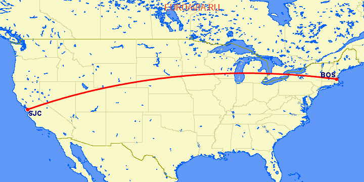 перелет Сан Хосе — Бостон на карте