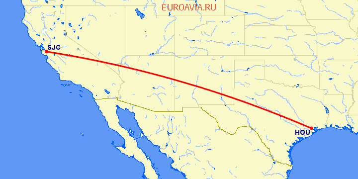 перелет Сан Хосе — Хьюстон на карте