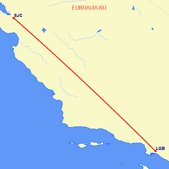 перелет Сан Хосе — Лонг Бич на карте
