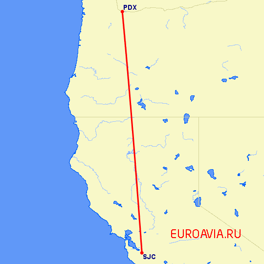 перелет Сан Хосе — Портленд на карте