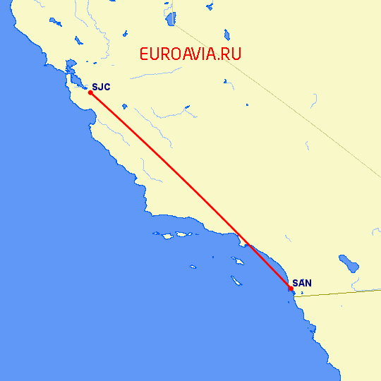 перелет Сан Хосе — Сан Диего на карте