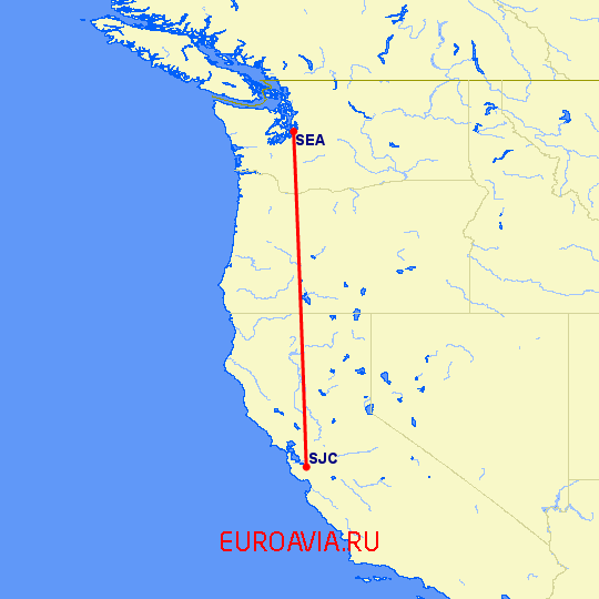 перелет Сан Хосе — Сиэтл на карте