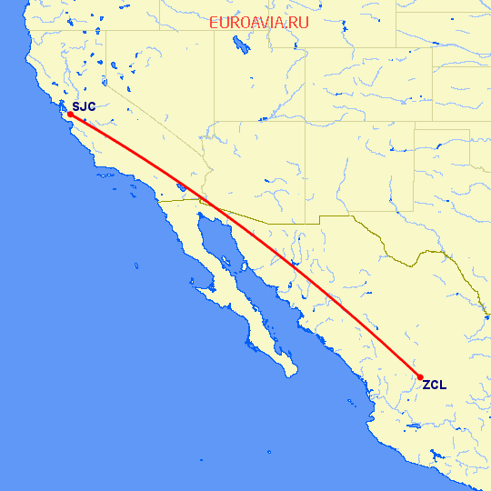 перелет Сан Хосе — Закатекас на карте