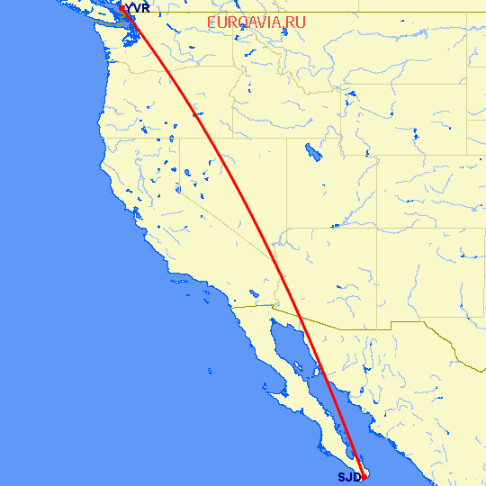 перелет San Jose Del Cabo — Ванкувер на карте