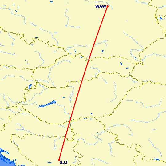 перелет Сараево — Варшава на карте