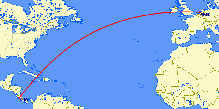 перелет Сан Хосе — Амстердам на карте