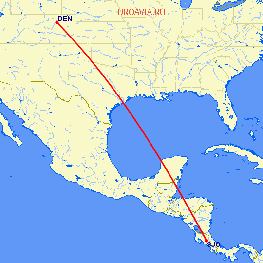 перелет Сан Хосе — Денвер на карте