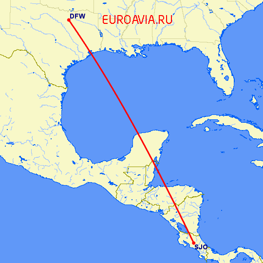 перелет Сан Хосе — Даллас на карте